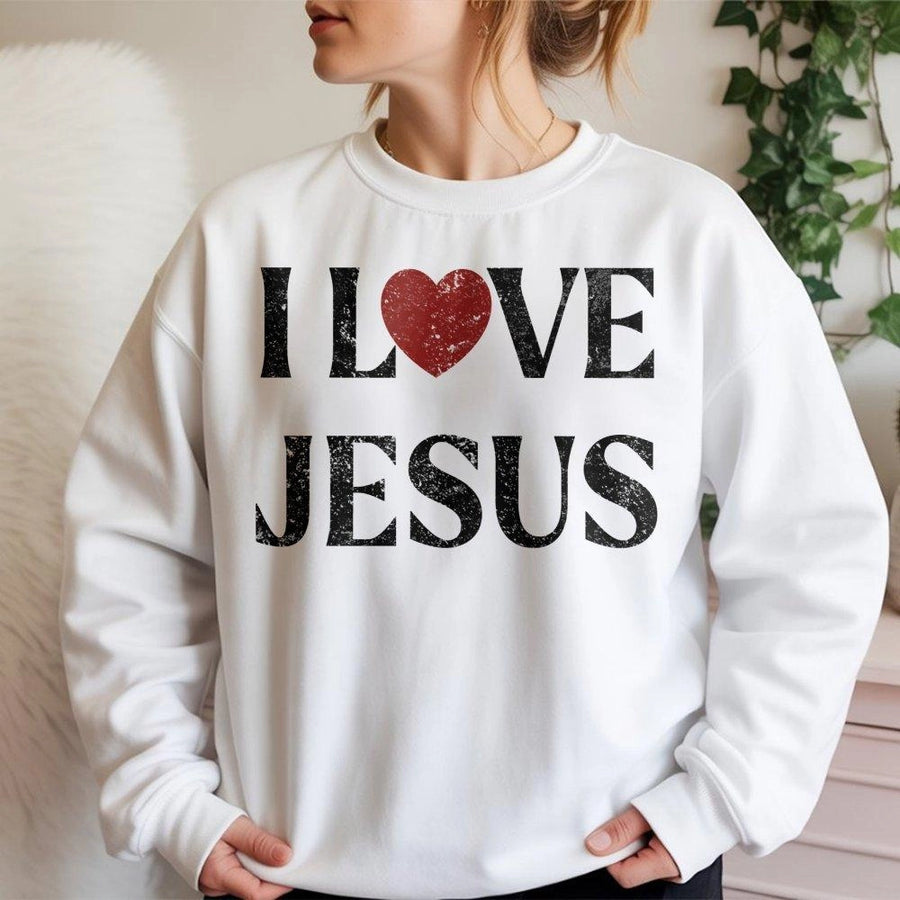 I Love Jesus Sweatshirt | Distressed Heart Graphic Crewneck | Premium Cotton Blend | Christian Faith Gift for Men and Women