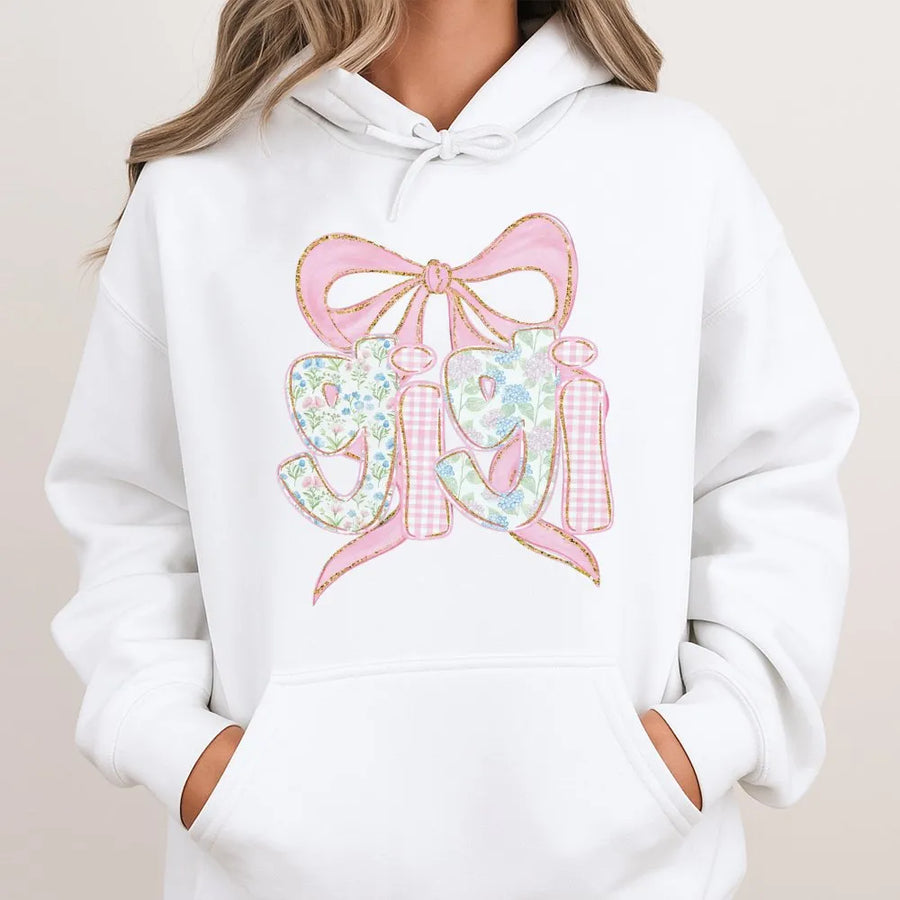 Gigi Hoodie | Coquette Bow Floral Graphic | Premium Cotton Blend | Mother's Day Gift for Grandma, Baby Announcement