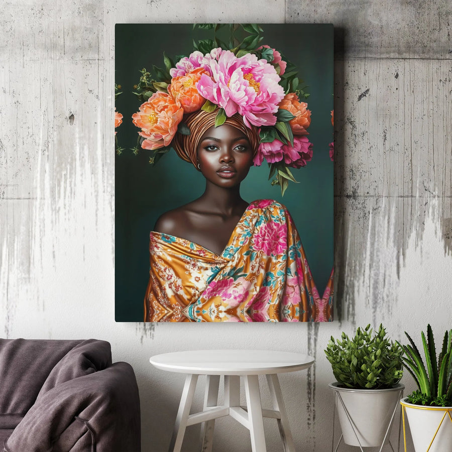 Black Woman Canvas Wall Art | Floral Peony Headdress Portrait | Premium 1.25-Inch Gallery Wrap | African American Decor Gift