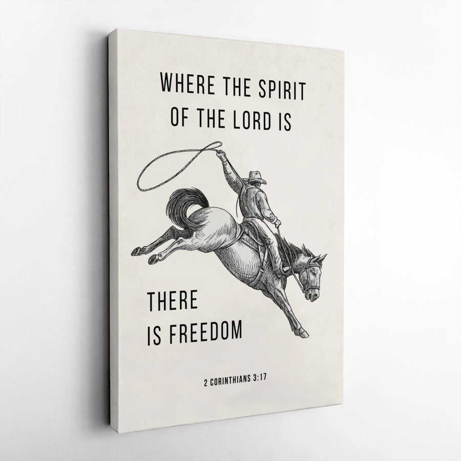 Where The Spirit Of The Lord Is There Is Freedom Canvas | Cowboy Sketch Bible Verse Wall Art | Premium Gallery Wrap Decor | Religious Gift For Men