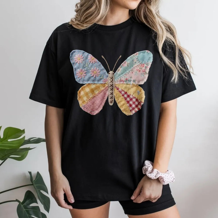 Patchwork Butterfly T-Shirt | Faux Quilt Style Graphic Tee | Soft Cotton Shirt | Cottagecore Spring Gift for Women