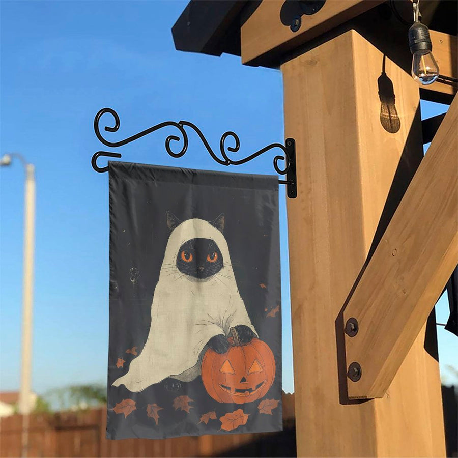 Ghost Cat Garden Flag | Cute Halloween Kitten with Jack-O'-Lantern | Durable Weather-Resistant Polyester | Spooky Fall Outdoor Yard Decor