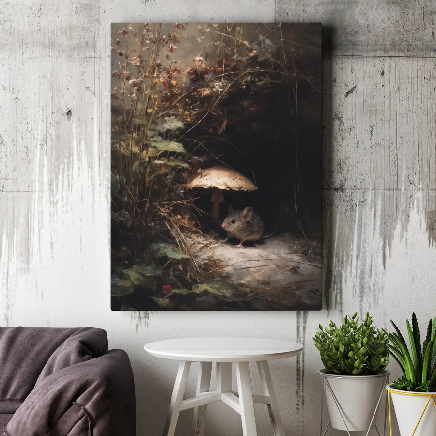 Vintage Mouse Painting Vertical Canvas | Dark Academia Woodland Scene | Premium Gallery Canvas Print | Collector's Cottagecore Home Decor Gift