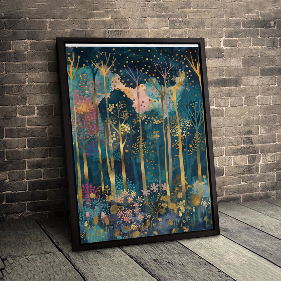 Enchanted Forest Wall Art | Golden Trees Abstract Canvas Print | Gallery-Quality 1.25 Inch Thick Canvas | Modern Home Decor Gift