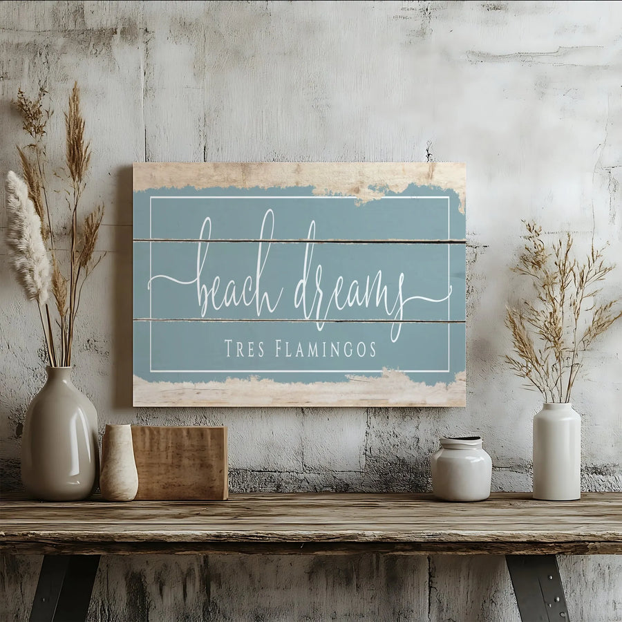 Beach Dreams Canvas Wall Art | Rustic Wood Plank Style Print | Premium Gallery Wrapped Canvas | Coastal Farmhouse Living Room Decor Gift