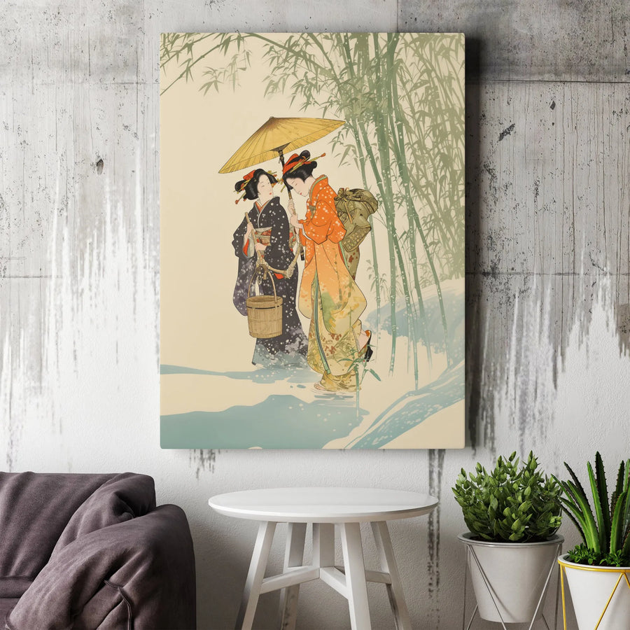 Japanese Art Canvas Print | Vintage Kimono Women in Bamboo Forest | Premium Gallery Wrap Wall Decor | Elegant Asian Home Wall Art Gift
