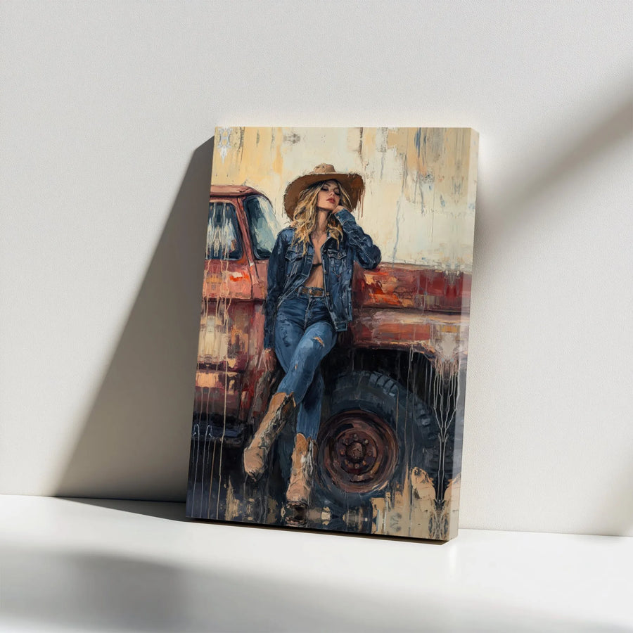 Cowgirl Canvas Wall Art | Rustic Western Denim Blonde Portrait | Gallery Wrapped Premium Print | Farmhouse Home Decor Gift