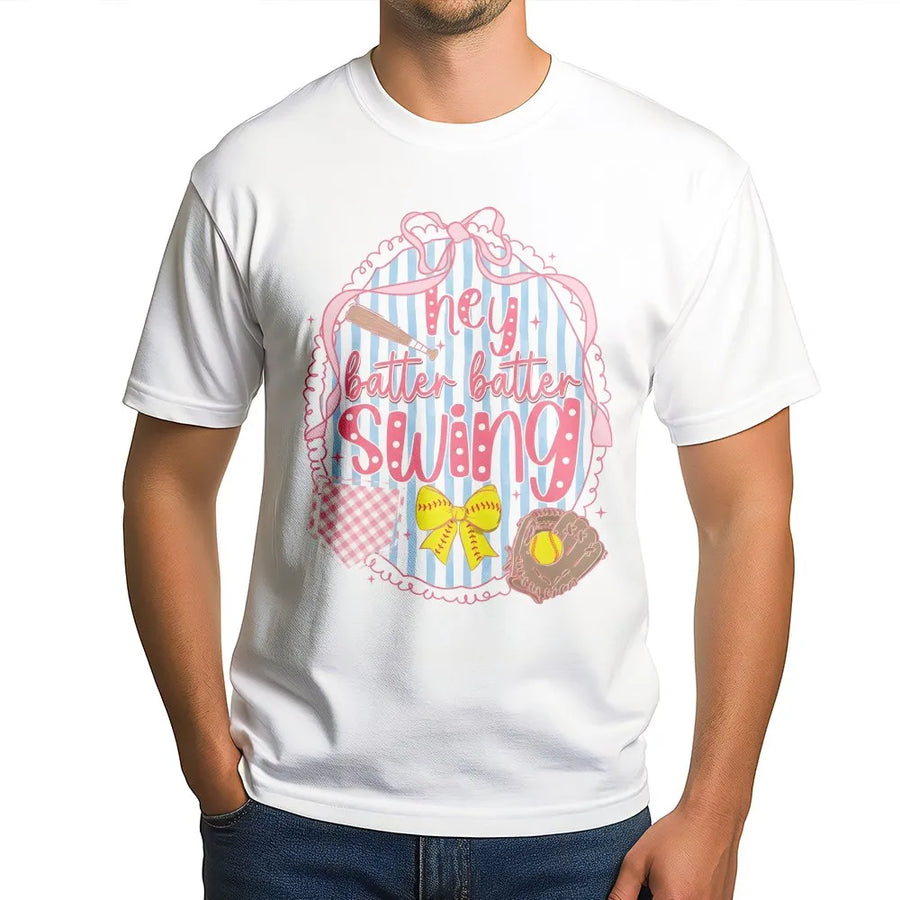Hey Batter Batter Swing Softball T-Shirt | Preppy Coquette Bow Graphic | Premium 100% Cotton Tee | Gift for Softball Mom or Player