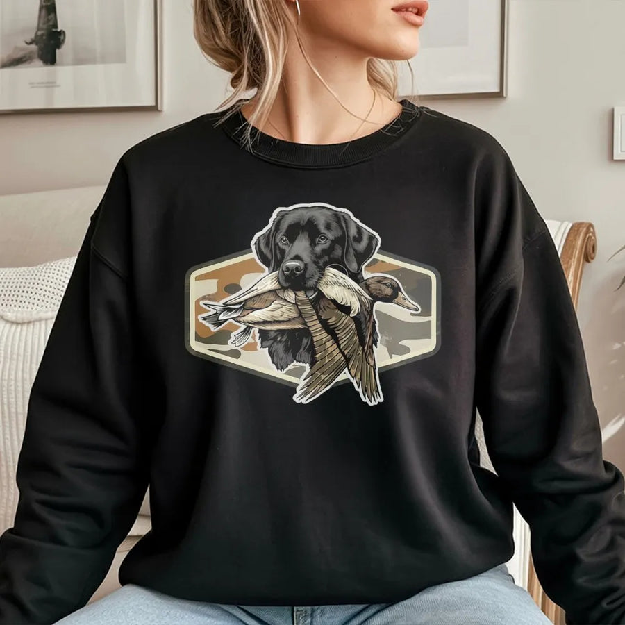 Duck Hunting Lab Sweatshirt | Black Labrador Retriever Camo Graphic | Premium Cotton Blend | Gift for Hunter and Waterfowl Enthusiast