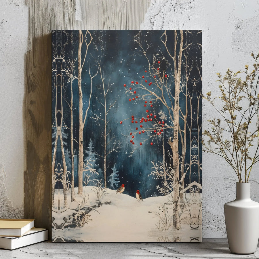 Winter Forest Canvas Wall Art | Snowy Birch Tree Landscape with Red Berries | Gallery Wrapped Premium Print | Holiday Seasonal Home Decor