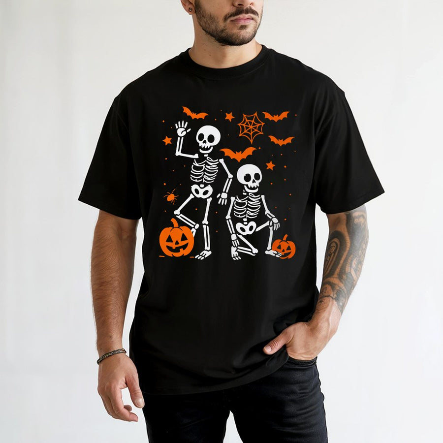 Skeleton Halloween T-Shirt | Funny Spooky Skeletons and Pumpkins Graphic | Premium 100% Cotton Tee | Unisex Gift for Halloween Party Lovers