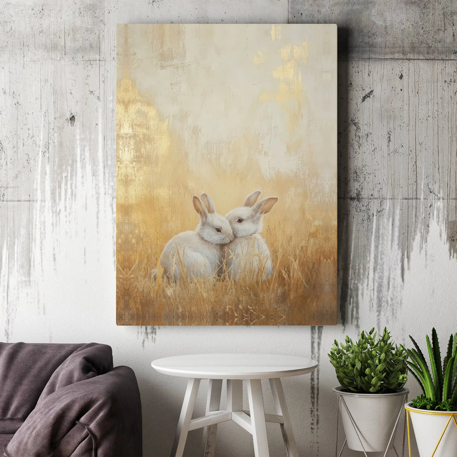 Two White Rabbits Canvas Wall Art | Golden Meadow Aesthetic Decor | Premium Fade-Resistant Gallery Print | Gift for Nature Lovers & Nursery