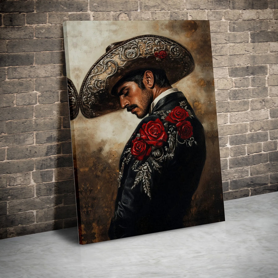Charro Canvas Wall Art | Vintage Mexican Mariachi Portrait with Red Roses | Premium Canvas Print | Hispanic Heritage Decor Gift