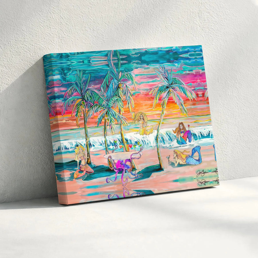 Mermaid Beach Party Canvas Print | Octopus Bartender Sunset Coastal Wall Art | Gallery Quality 1.25 Inch Thick Wrap | Tropical Home Decor Gift