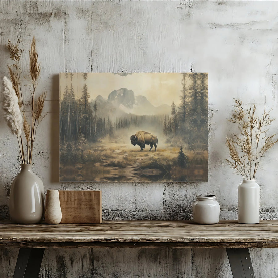 American Bison Canvas Art | Misty Mountain Forest Landscape | Premium 1.25 Inch Gallery Wrap | Rustic Nature Wall Decor for Living Room