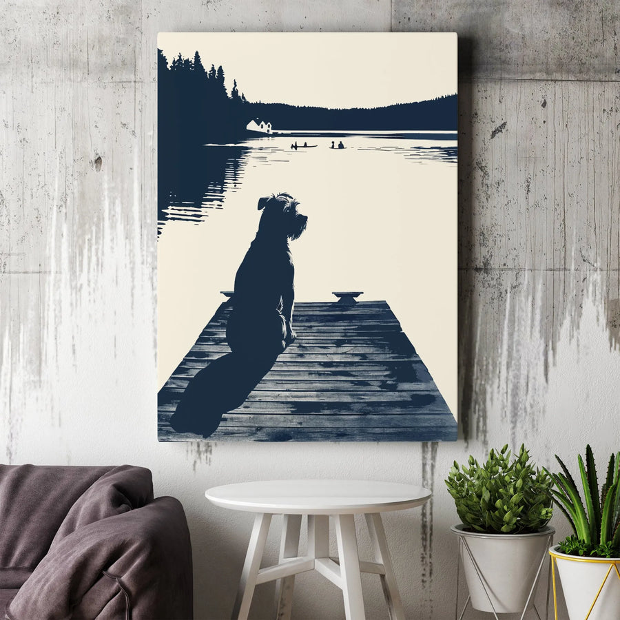 Schnauzer Dog Canvas Wall Art | Lake Pier Silhouette Print | Premium Gallery Wrap Decor | Gift for Dog Lovers and Nature Enthusiasts