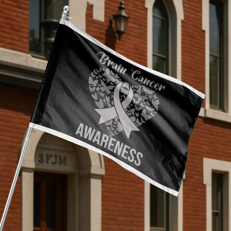 Brain Cancer Awareness Flag | Grey Ribbon Butterfly Heart Design | Premium Polyester Garden Decor | Gift for Cancer Fighters