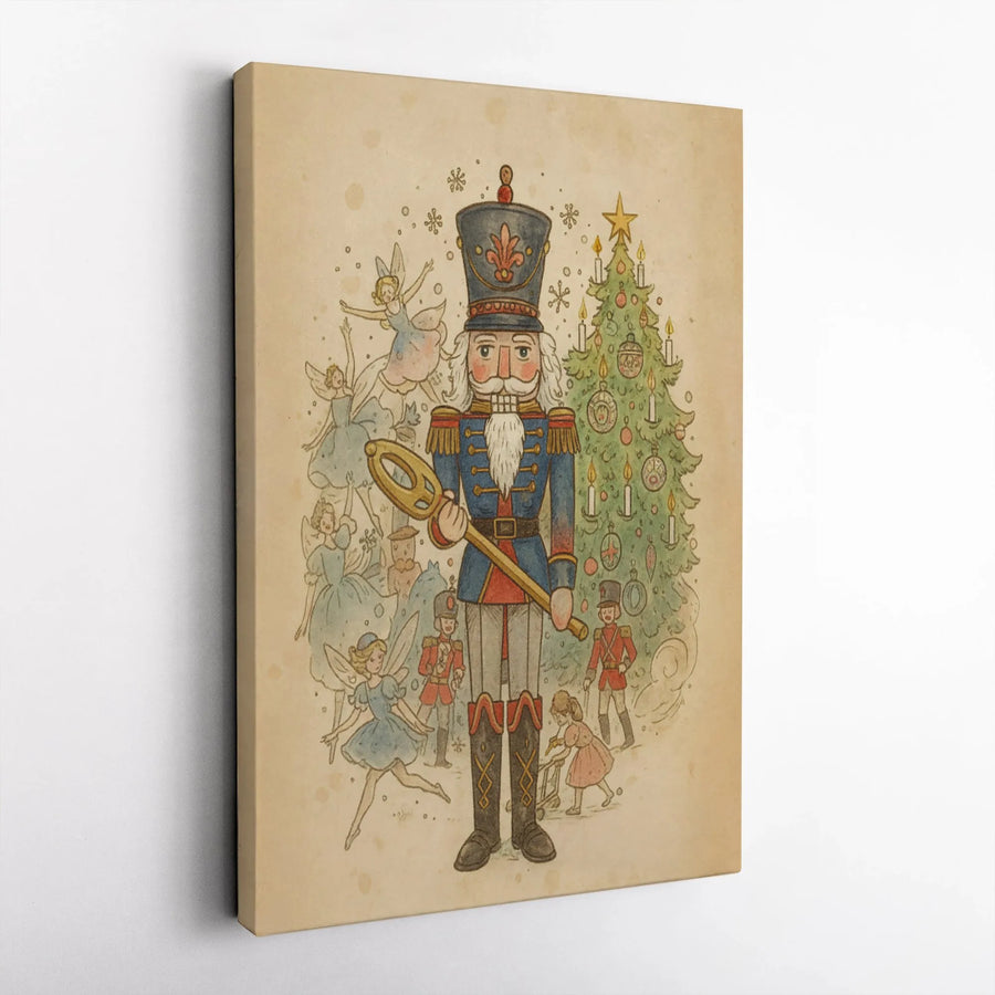 Nutcracker Ballet Wall Art | Vintage Christmas Illustration with Fairies | Premium Gallery Wrapped Canvas | Festive Holiday Home Decor Gift