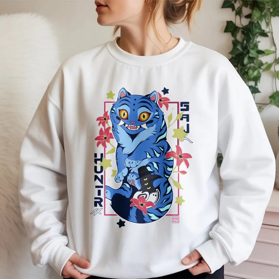 Anime Tiger Sweatshirt | Blue Demon Cat Graphic Design | Premium Cotton Blend | Aesthetic Kpop Streetwear Gift for Fans