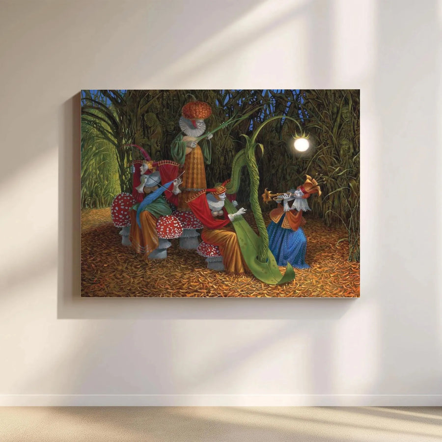 Surreal Forest Musicians Canvas Art | Whimsical Jesters in Enchanted Woods Print | Premium Gallery-Quality Canvas | Collector's Gift for Fantasy Lovers