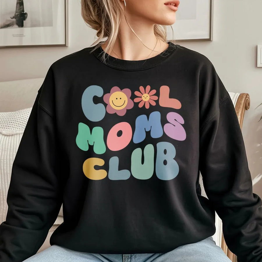 Cool Moms Club Sweatshirt | Retro Smiley Flower Graphic | Premium Cotton Blend | Funny Mother's Day 2026 Gift for New Mom or Wife