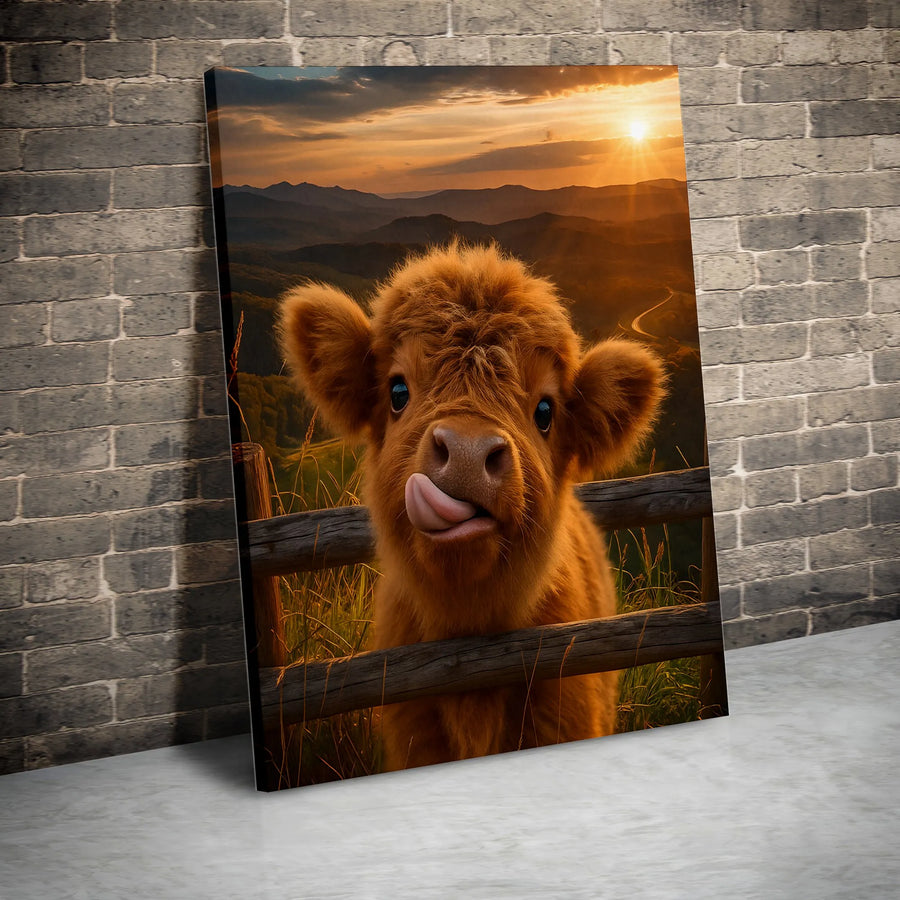 Cute Highland Cow Canvas Wall Art | Fluffy Baby Calf at Sunset Portrait | Premium 1.25" Gallery Wrap | Rustic Farmhouse Decor Gift for Animal Lovers