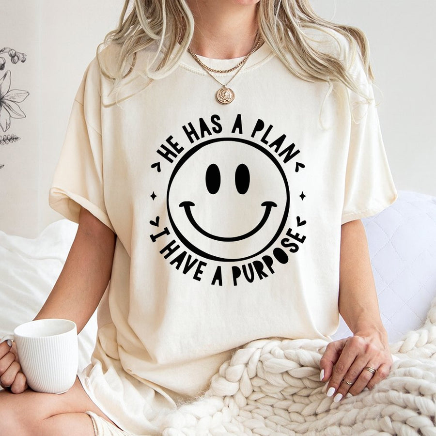 He Has A Plan I Have A Purpose T-Shirt | Smiley Face Christian Graphic Tee | Premium 100% Cotton Apparel | Faith-Based Gift For Men And Women