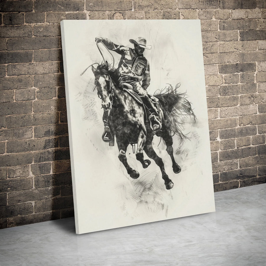Western Cowboy Horse Canvas Wall Art | Graphite Sketch Rodeo Drawing | Premium 1.25-Inch Gallery Wrap | Rustic Home Decor Gift For Him