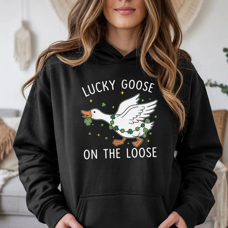 Lucky Goose On The Loose Hoodie | Funny St. Patricks Day Shamrock Design | Premium Cotton Blend | Gift For Goose Lovers & Irish Apparel Fans