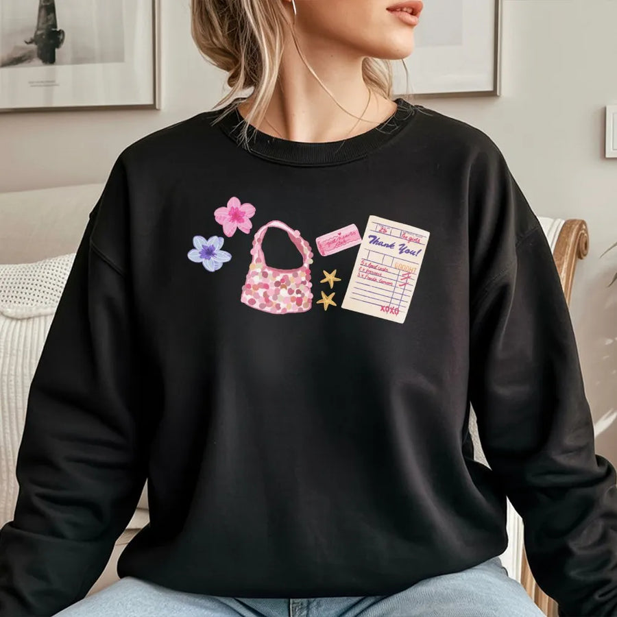 Y2K Aesthetic Sweatshirt | Cute Pink Purse & Floral Graphic | Soft Cotton Blend | Trendy Coquette Gift for Her