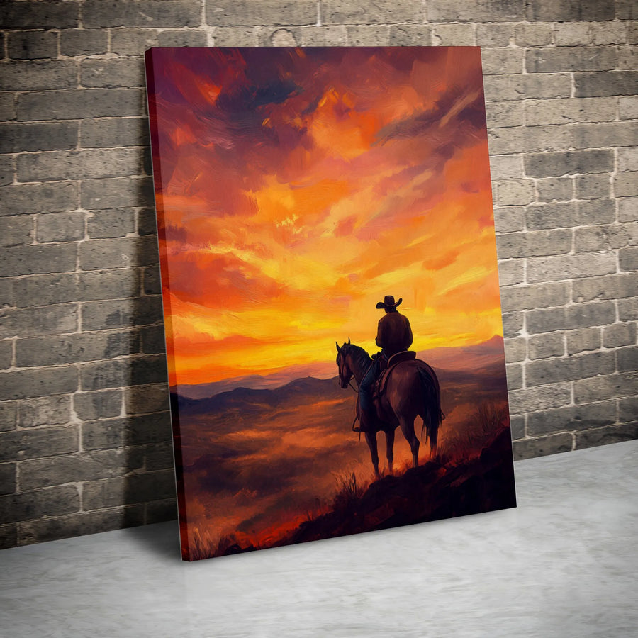 Western Cowboy Wall Art | Sunset Mountain Horse Impressionist Painting | Premium Gallery Canvas | Rustic Home Decor Gift
