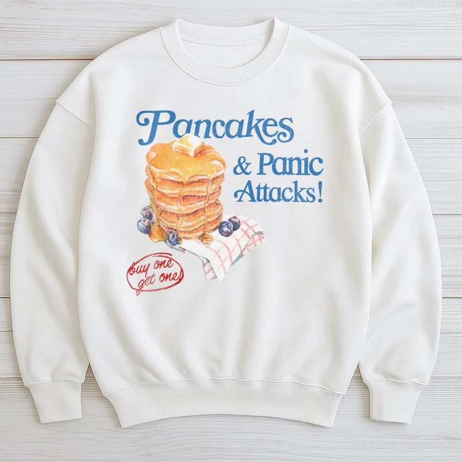 Pancakes & Panic Attacks Sweatshirt | Retro Graphic Foodie Design | Premium Soft Cotton Blend | Funny Mental Health Awareness Gift for Women