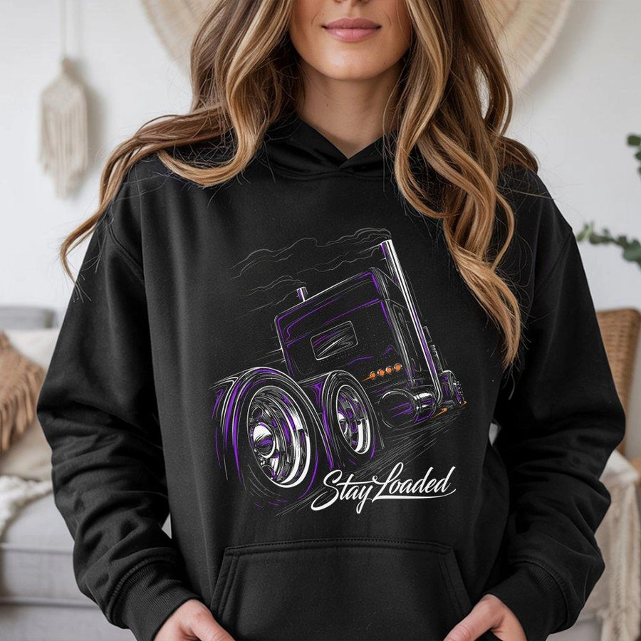 Stay Loaded Trucker Hoodie | Big Rig Neon Graphic Design | Premium Cotton-Blend | Gift for Truck Drivers and Diesel Enthusiasts