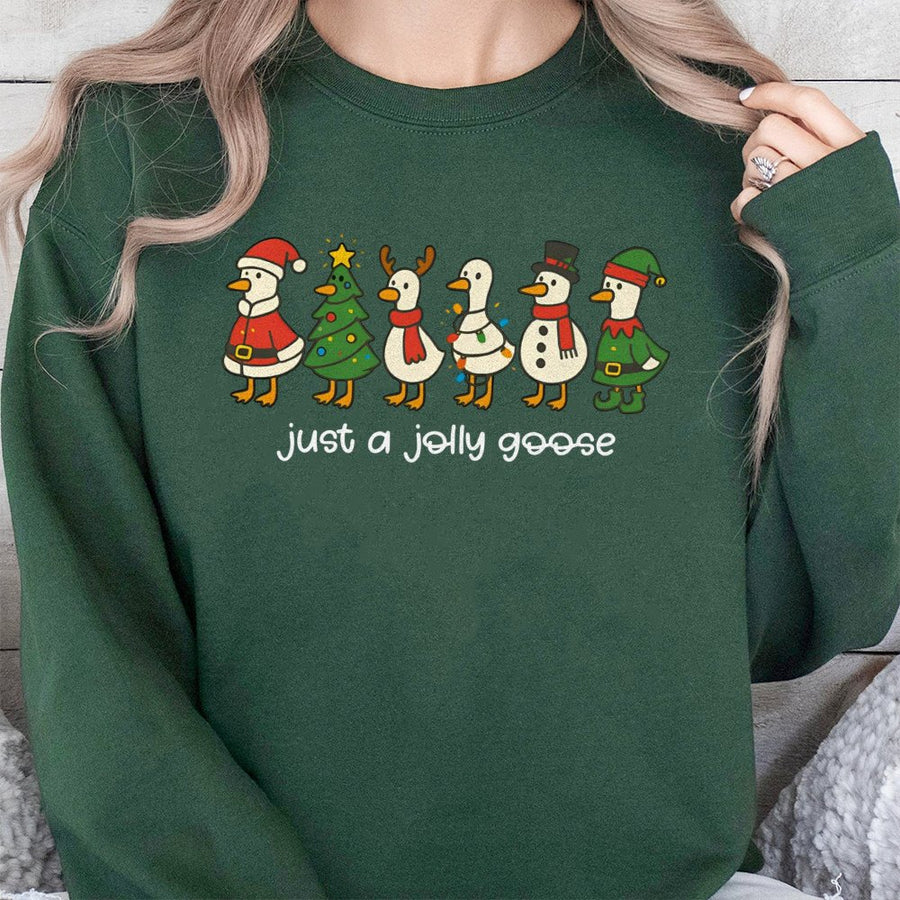 Jolly Goose Christmas Sweatshirt | Funny Silly Duck Holiday Graphic | Soft Cotton-Blend Unisex Crewneck | Cute Xmas Animal Lover Gift