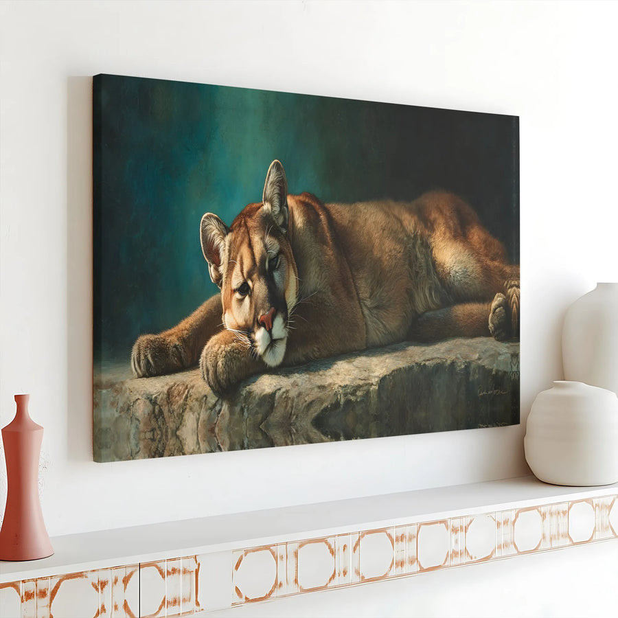 Mountain Lion Canvas Print | Realistic Resting Cougar Painting | Premium Gallery Wrapped Canvas | Nature Lover Collector's Gift