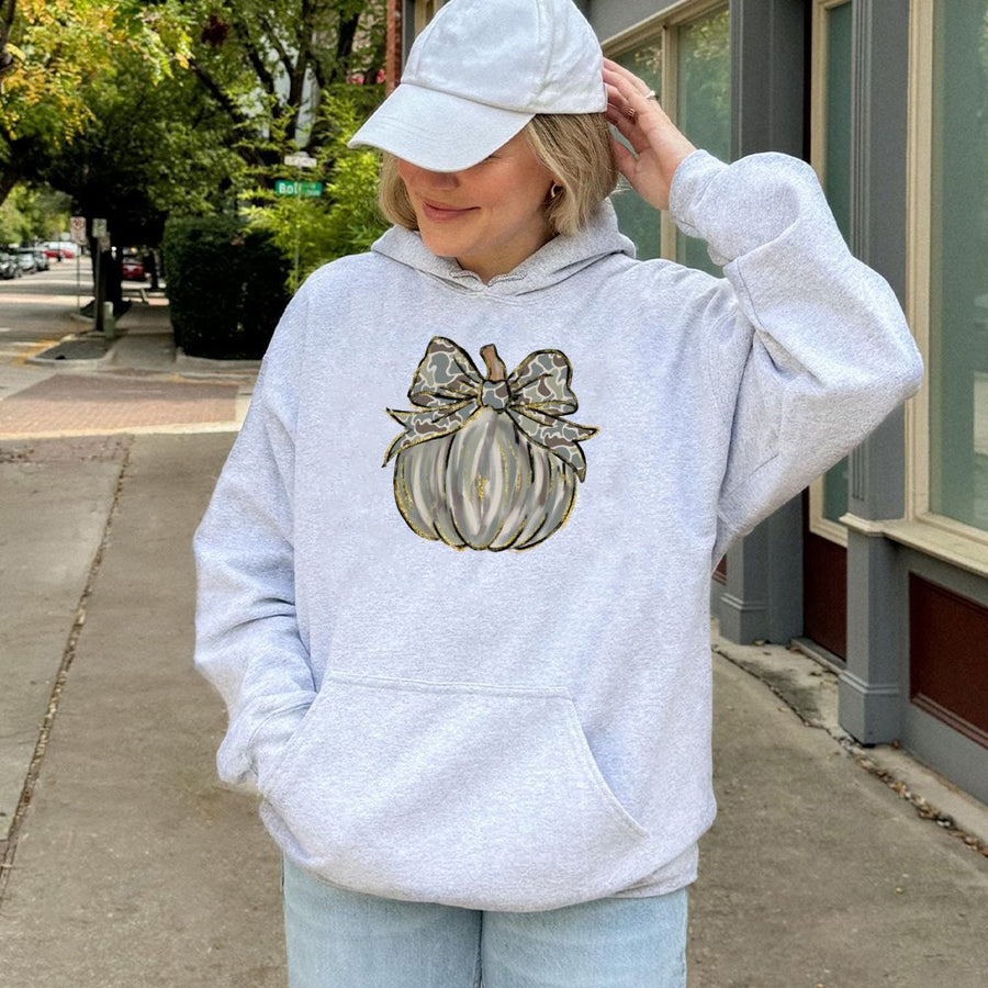 Camo Pumpkin Hoodie | Western Coquette Bow Graphic | Premium Cotton Blend | Fall Aesthetic Gift for Her