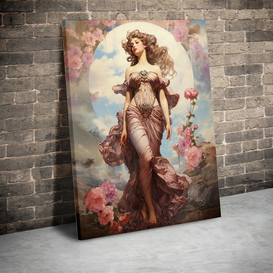 Art Nouveau Goddess Canvas Print | Flowing Gown Pink Rose Fantasy Art | Premium Fade-Resistant Gallery Wrap | Elegant Home Decor Wall Art Gift