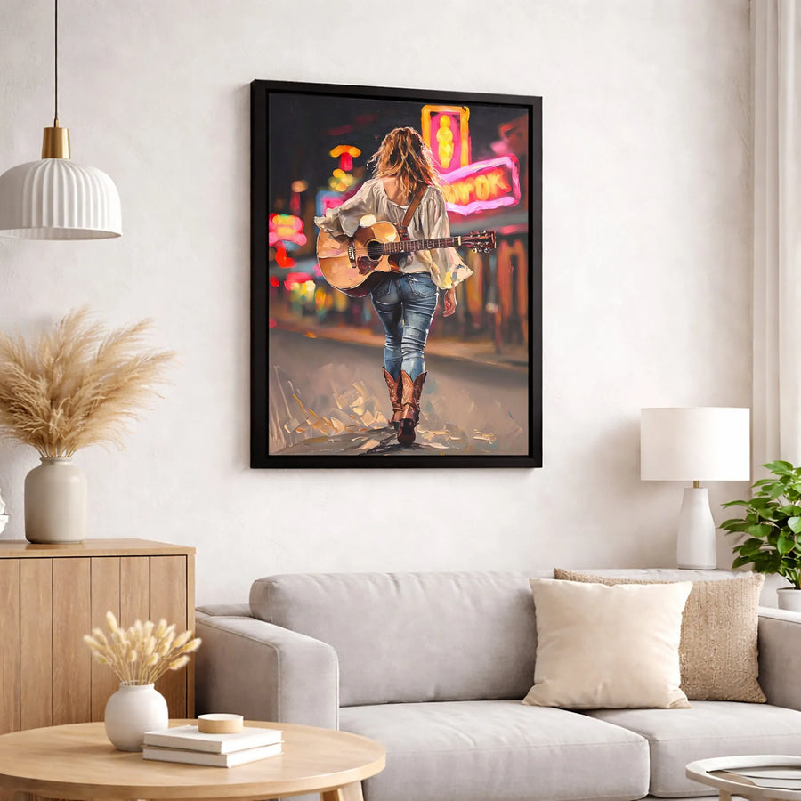 Country Music Wall Art | Cowgirl Guitarist Neon City Canvas | Premium Fade-Resistant Print | Western Home Decor Gift