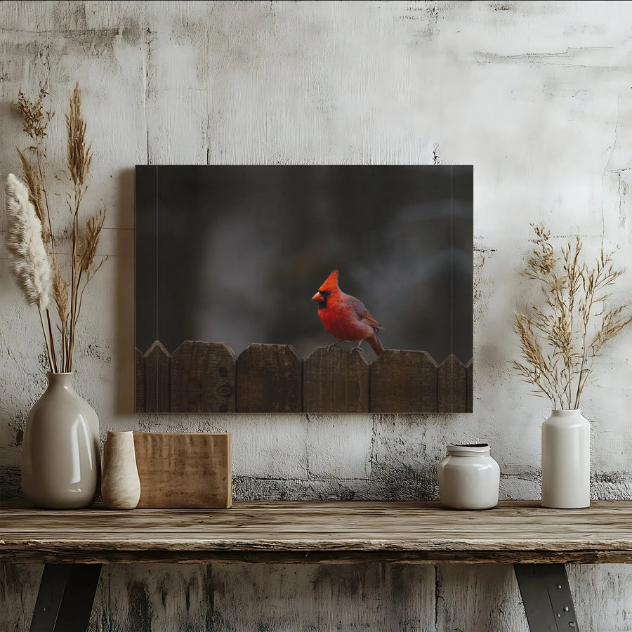 Northern Cardinal Wall Art | Realistic Red Bird on Wooden Fence | Gallery Quality Canvas Print | Nature Lover Home Decor Gift