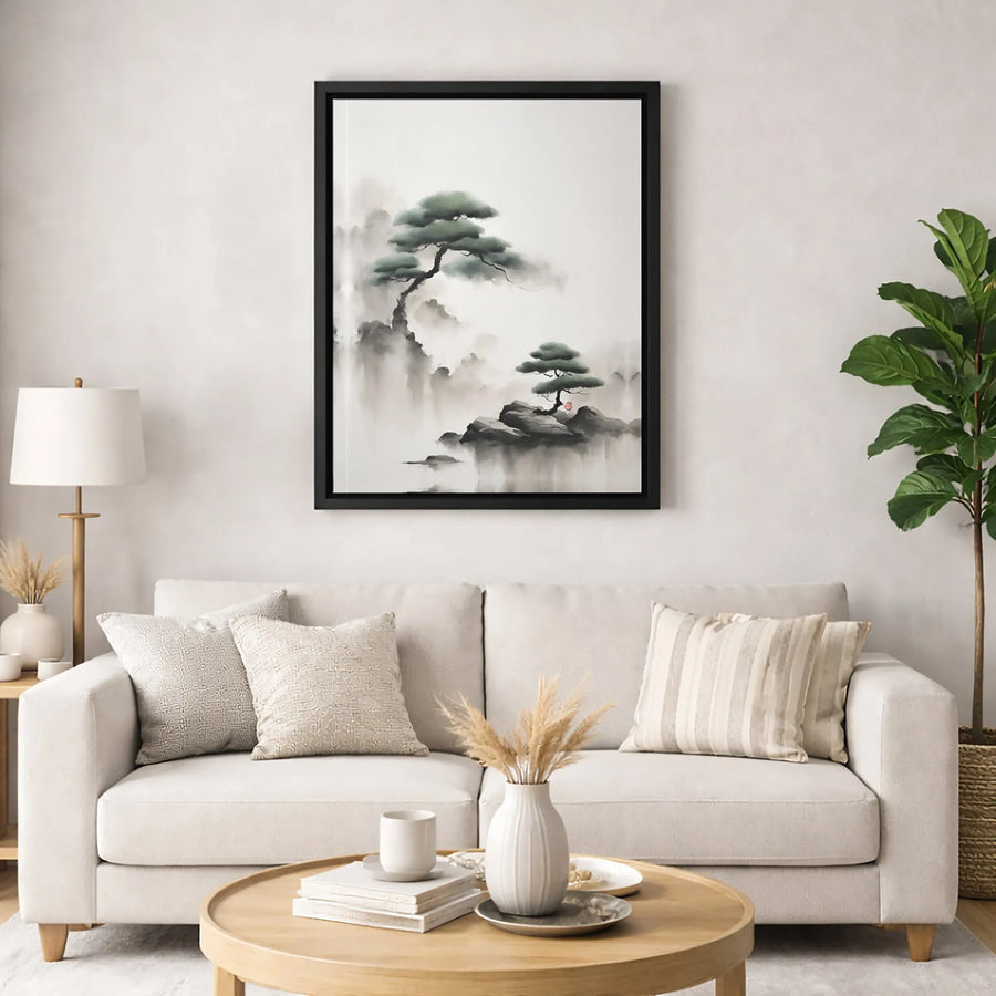 Japanese Pine Tree Canvas Wall Art | Zen Sumi-e Ink Wash Painting | Premium Gallery Wrap Decor | Minimalist Living Room Home Gift