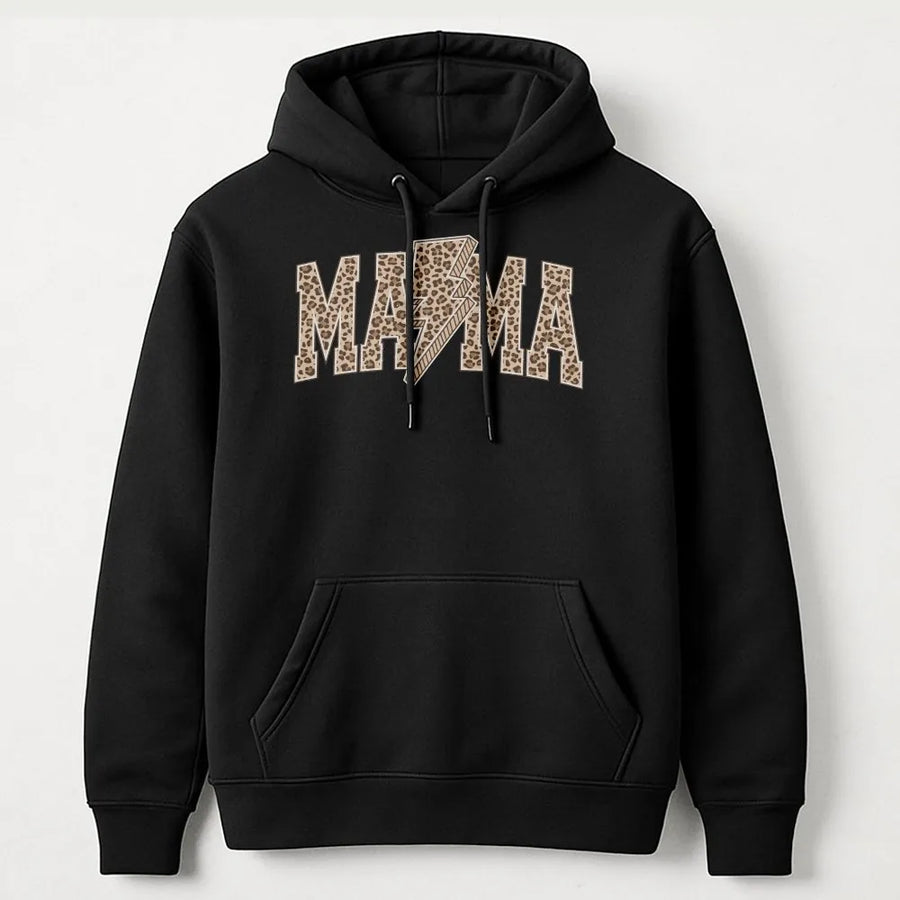 Mama Hoodie | Leopard Print Varsity Lettering with Lightning Bolt | Soft Cotton Blend | Mother's Day Gift for Mom