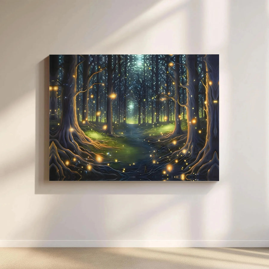 Enchanted Forest Canvas Wall Art | Magical Glowing Firefly Landscape | Premium Gallery-Wrapped Print | Whimsical Nature Decor For Home