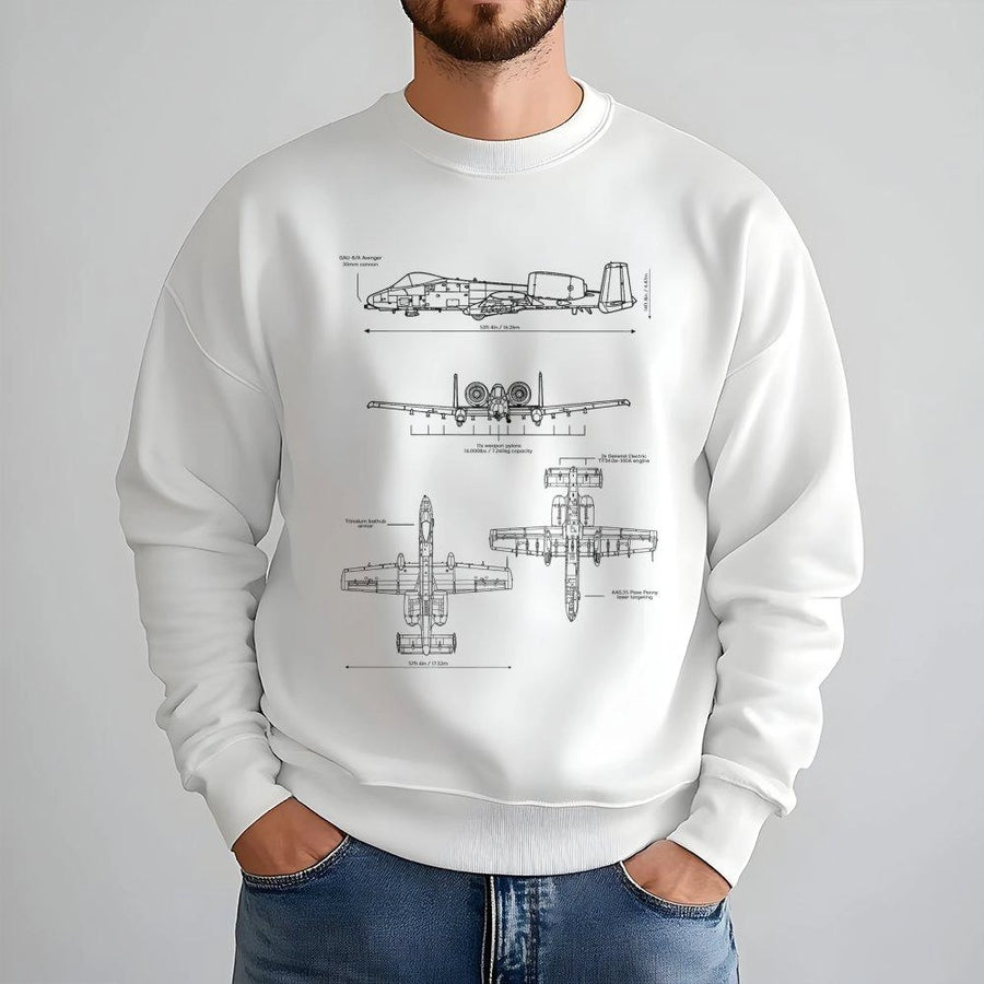 A-10 Thunderbolt II Blueprint Sweatshirt | Warthog Military Aircraft Schematic Graphic | Premium Cotton Blend | Gift for Pilot Aviation Fan
