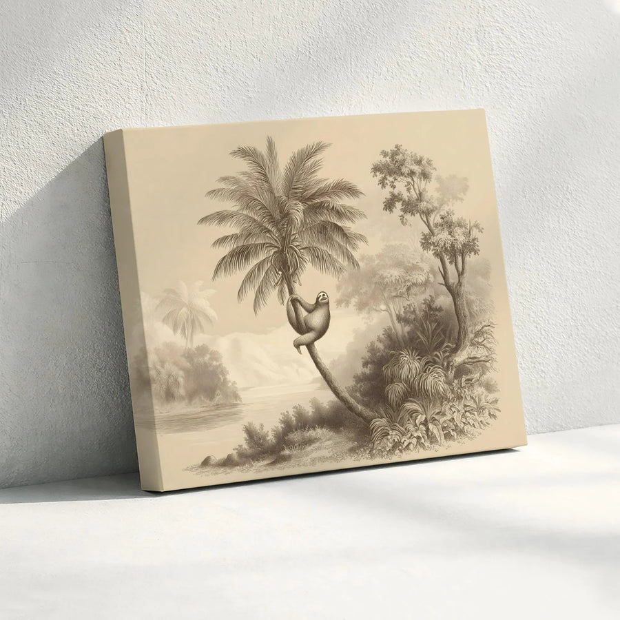 Sloth Wall Art | Vintage Etching Tropical Palm Tree Print | Premium Gallery Wrapped Canvas | Nature-Inspired Home Decor Gift