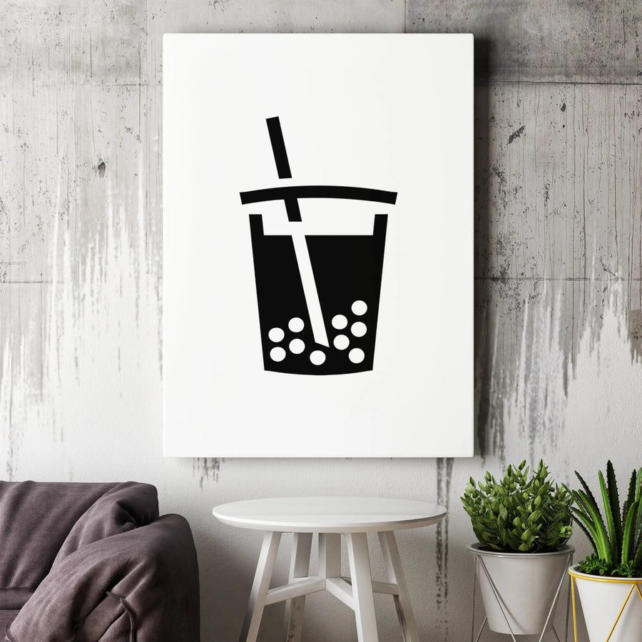 Bubble Tea Canvas Art | Minimalist Black and White Icon | Premium Gallery Wrap Wall Decor | Cute Kitchen Aesthetic Gift for Boba Lovers