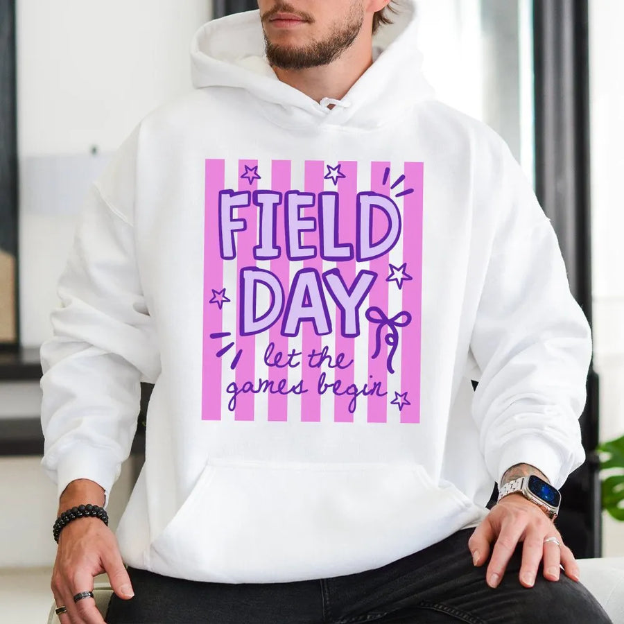 Field Day Hoodie | Let The Games Begin Striped Graphic | Soft Cotton Blend Pullover | Matching Teacher Student Gift