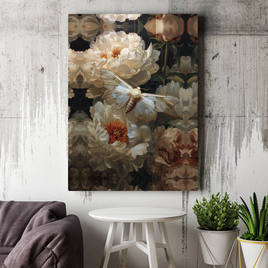 White Moth Canvas Wall Art | Botanical Peony Flower Painting | Premium Gallery Wrap Print | Vintage Nature Home Decor Gift