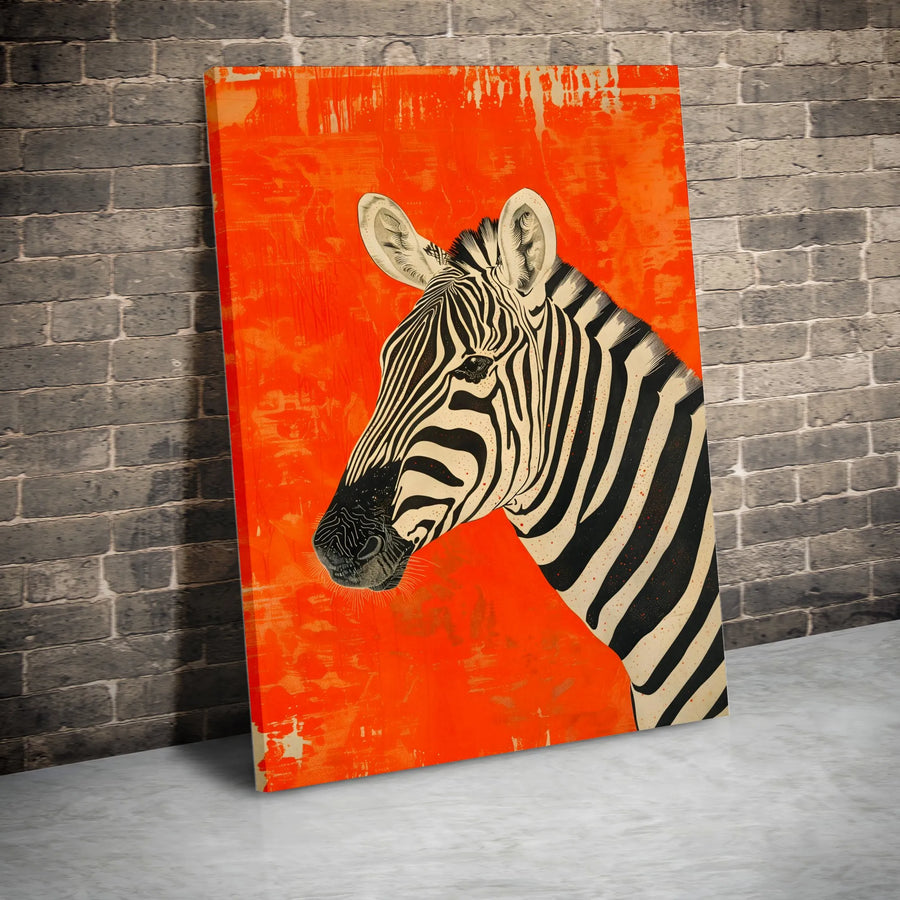 Zebra Wall Art Canvas | Modern Orange Animal Portrait | Premium Fade-Resistant Gallery Wrap | Bold Wildlife Home Decor For Living Room