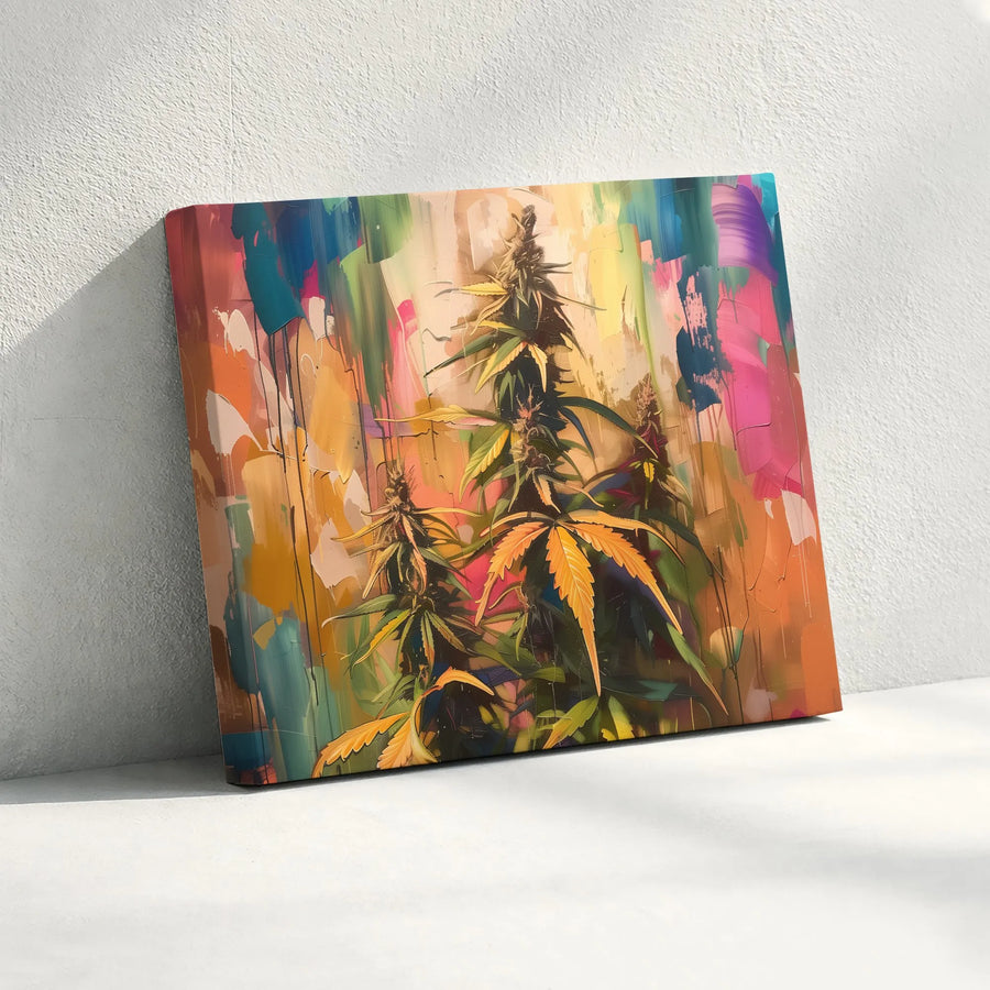 Abstract Cannabis Plant Canvas Art | Colorful Marijuana Leaf Wall Decor | Premium Fade-Resistant Gallery Wrap | Modern Botanical Gift for Home