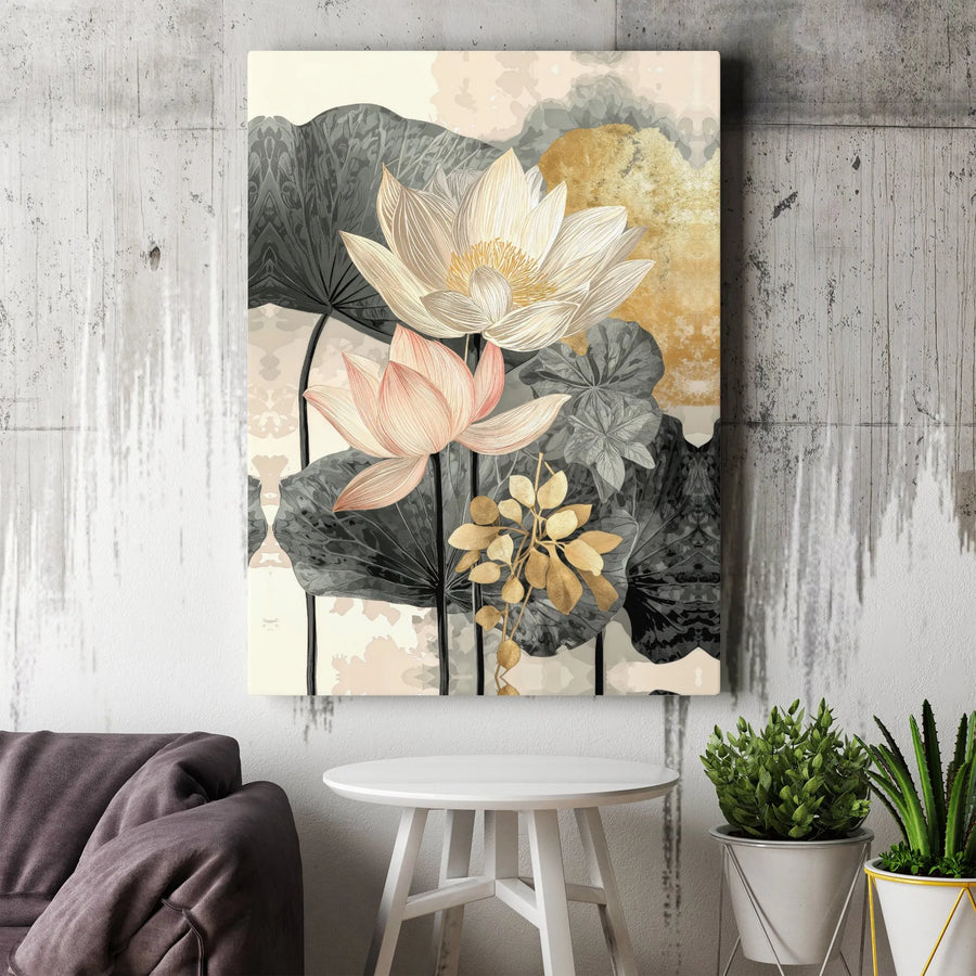 Abstract Lotus Flower Canvas Wall Art | Gold And Pink Botanical Print | Premium 1.25-Inch Gallery Wrap | Elegant Home Decor For Bedroom Or Living Room